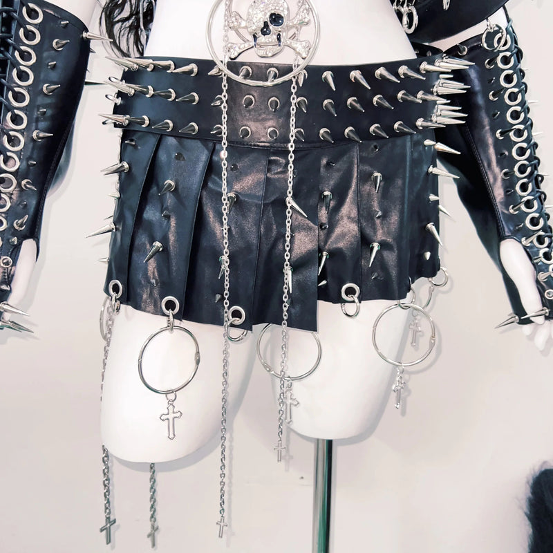 Fierce Spiked & Chain Vegan Leather Crop Top - Gothic Punk Halloween Rave Clubwear for Women