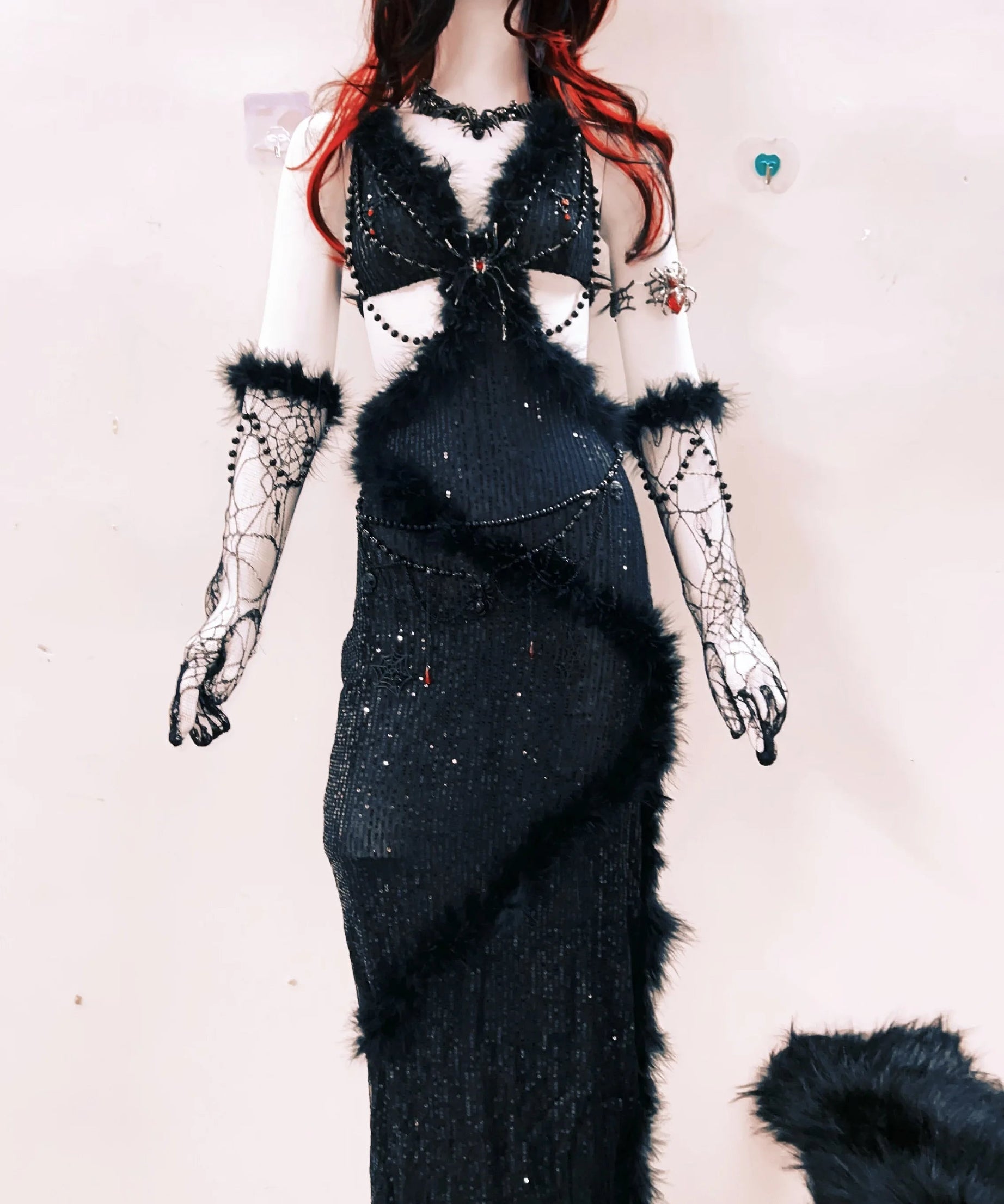 Bewitching Black Faux Fur & Spider Web Maxi Dress - Halloween & Holiday Party Statement