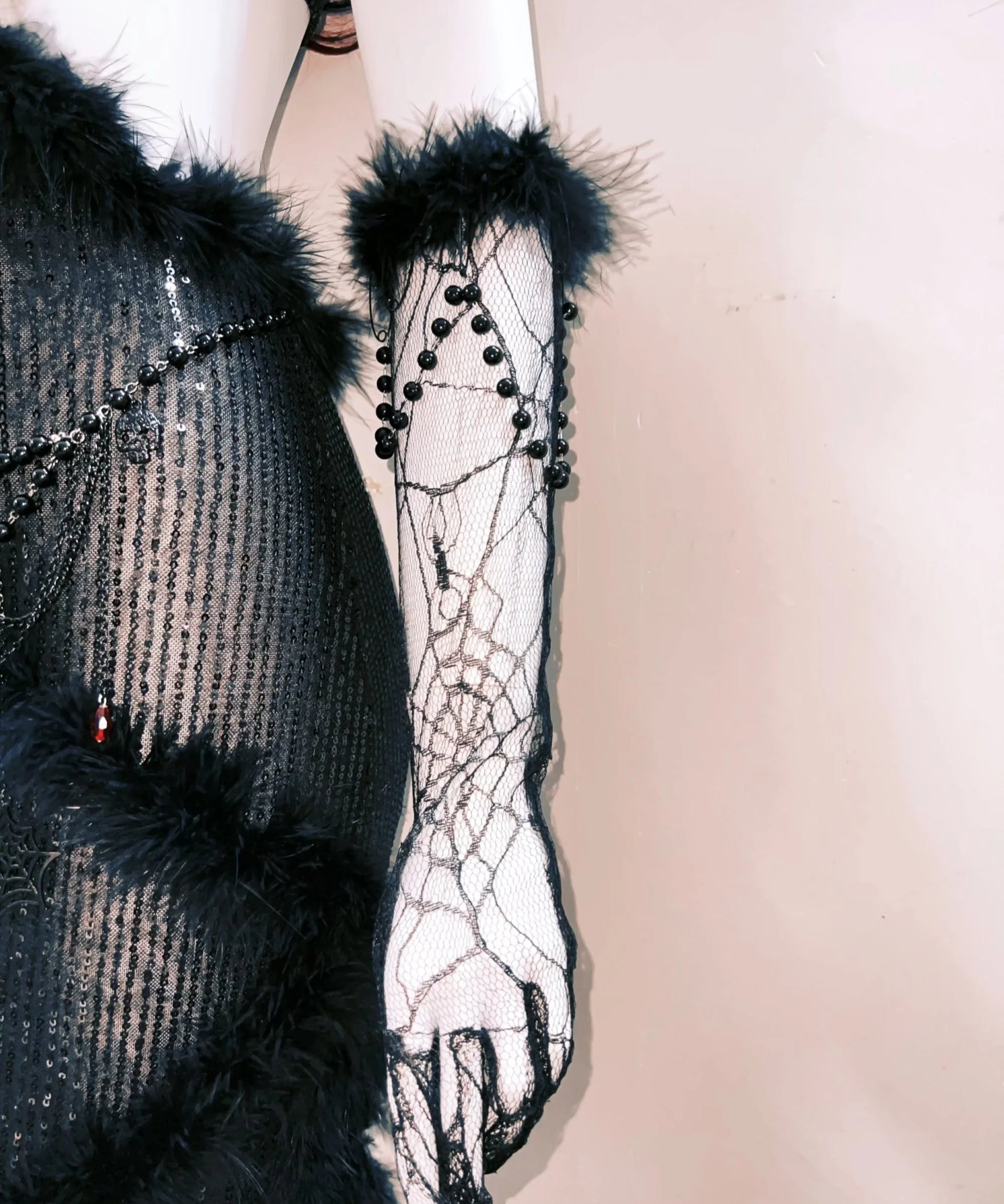 Bewitching Black Faux Fur & Spider Web Maxi Dress - Halloween & Holiday Party Statement