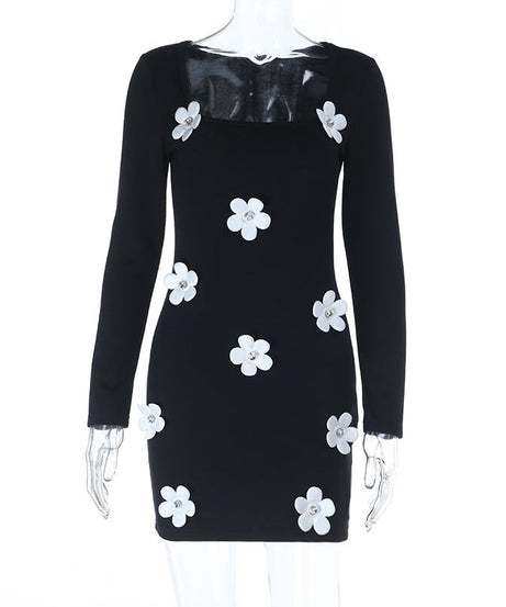 Black 3D Floral Long Sleeve Mini Dress - Holiday Party & Date Night Chic