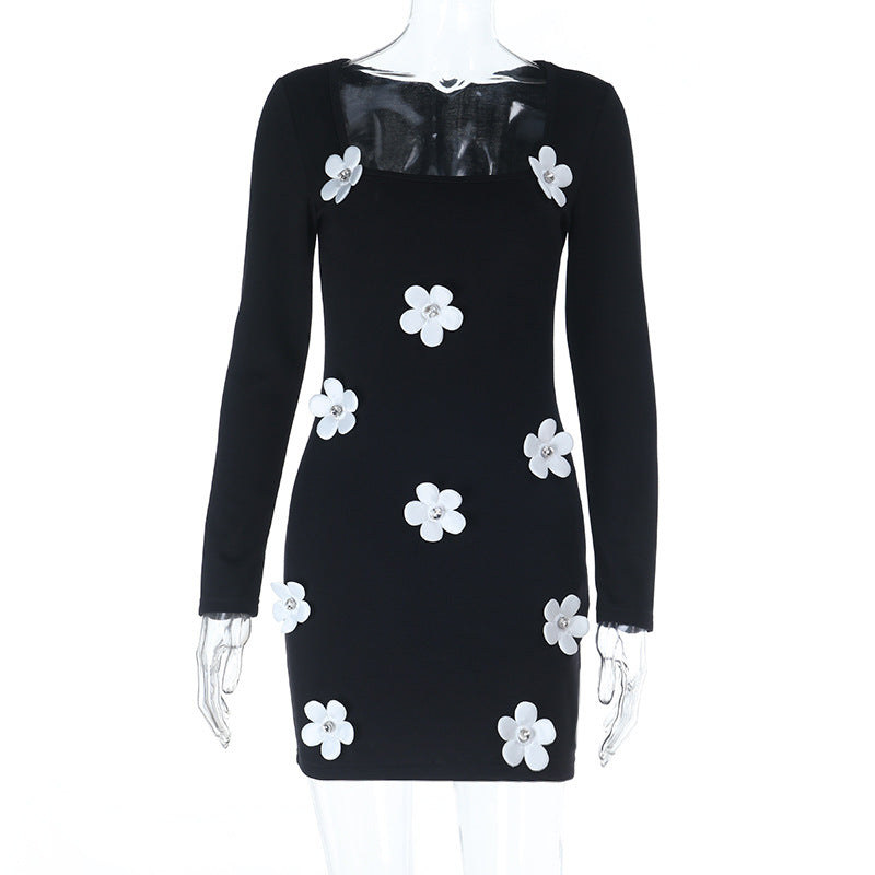 Black 3D Floral Long Sleeve Mini Dress - Holiday Party & Date Night Chic