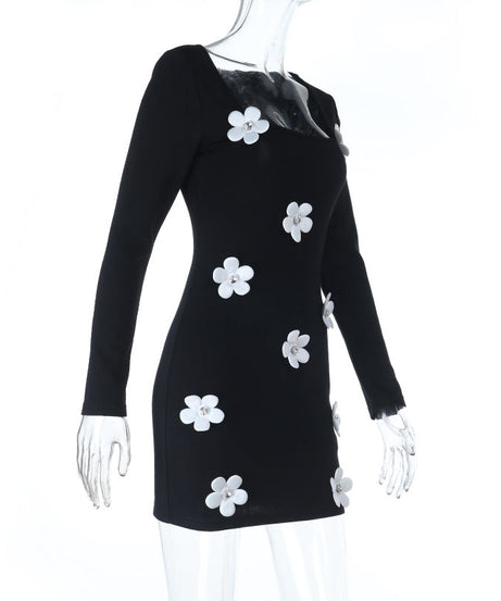Black 3D Floral Long Sleeve Mini Dress - Holiday Party & Date Night Chic