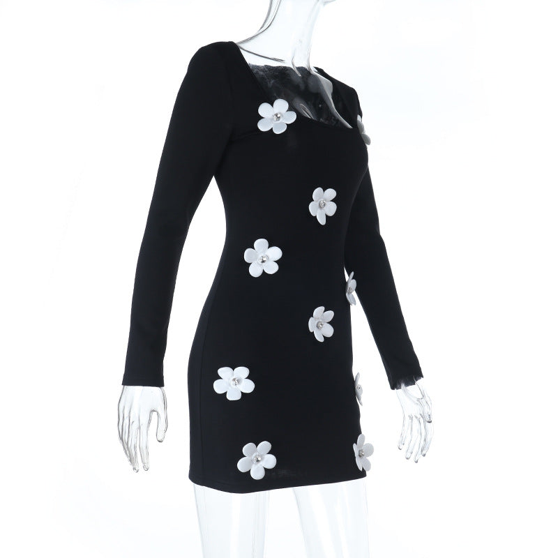 Black 3D Floral Long Sleeve Mini Dress - Holiday Party & Date Night Chic