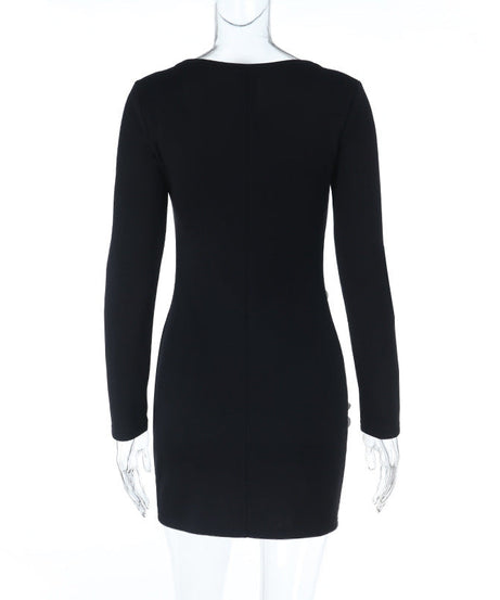 Black 3D Floral Long Sleeve Mini Dress - Holiday Party & Date Night Chic