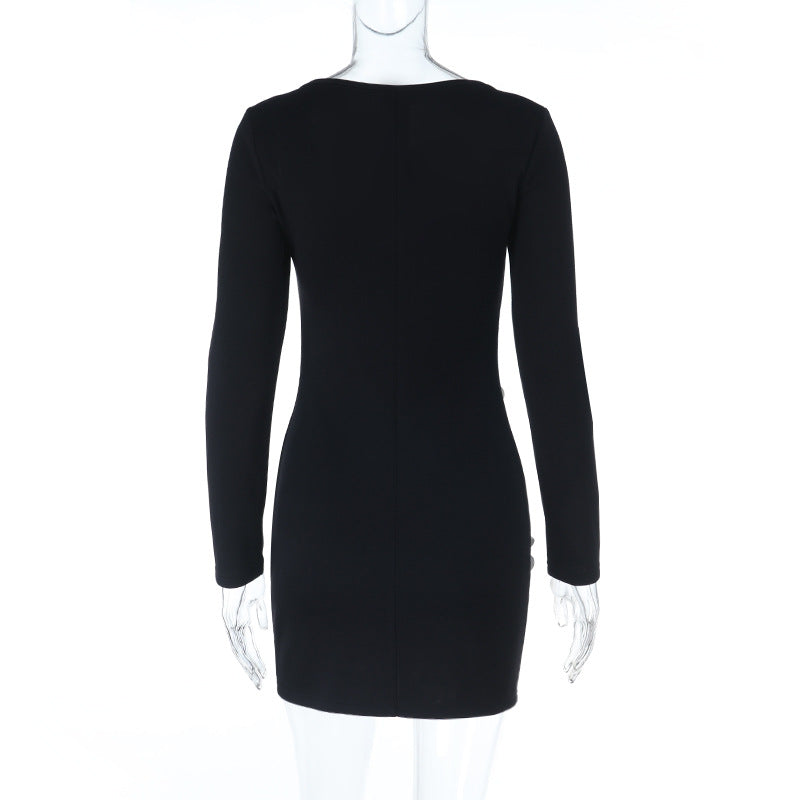 Black 3D Floral Long Sleeve Mini Dress - Holiday Party & Date Night Chic