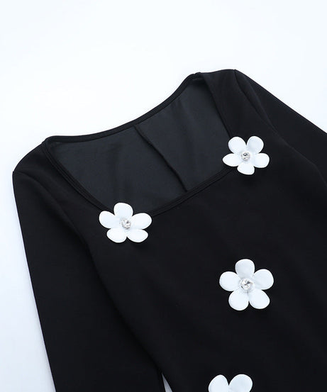 Black 3D Floral Long Sleeve Mini Dress - Holiday Party & Date Night Chic