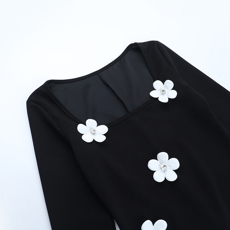 Black 3D Floral Long Sleeve Mini Dress - Holiday Party & Date Night Chic