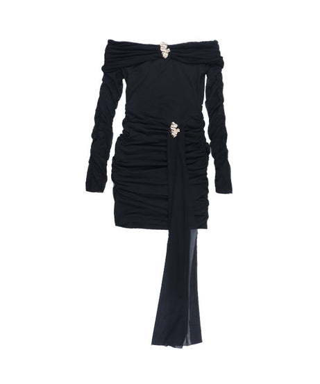 Glamorous Black Off-Shoulder Ruched Mini Dress with Embellished Details & Dramatic Sash — Holiday & NYE Perfect