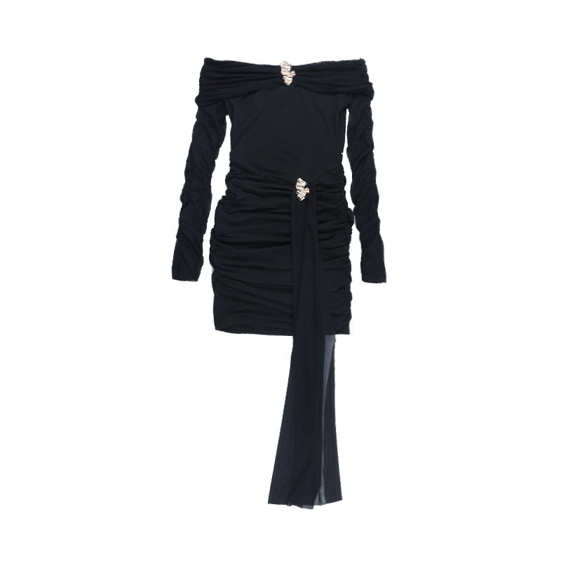 Glamorous Black Off-Shoulder Ruched Mini Dress with Embellished Details & Dramatic Sash — Holiday & NYE Perfect