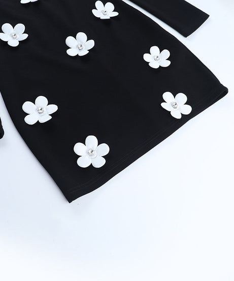 Black 3D Floral Long Sleeve Mini Dress - Holiday Party & Date Night Chic