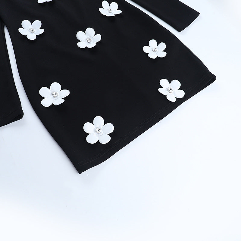 Black 3D Floral Long Sleeve Mini Dress - Holiday Party & Date Night Chic
