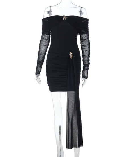 Glamorous Black Off-Shoulder Ruched Mini Dress with Embellished Details & Dramatic Sash — Holiday & NYE Perfect