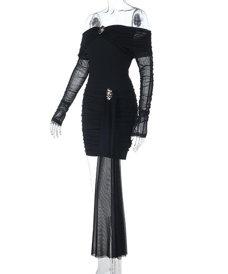 Glamorous Black Off-Shoulder Ruched Mini Dress with Embellished Details & Dramatic Sash — Holiday & NYE Perfect