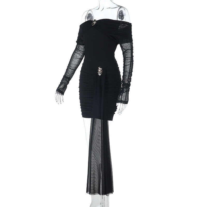 Glamorous Black Off-Shoulder Ruched Mini Dress with Embellished Details & Dramatic Sash — Holiday & NYE Perfect