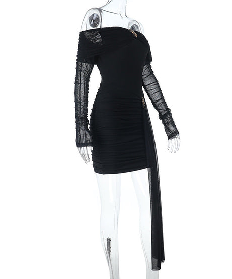 Glamorous Black Off-Shoulder Ruched Mini Dress with Embellished Details & Dramatic Sash — Holiday & NYE Perfect