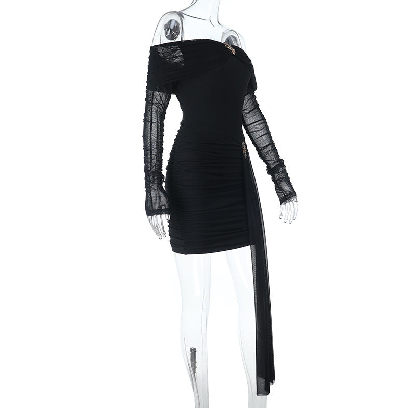 Glamorous Black Off-Shoulder Ruched Mini Dress with Embellished Details & Dramatic Sash — Holiday & NYE Perfect