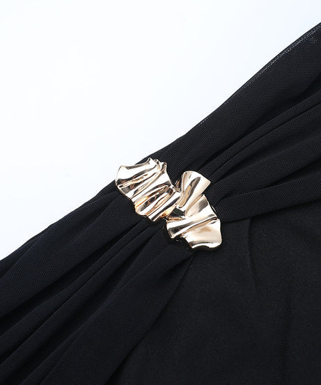 Glamorous Black Off-Shoulder Ruched Mini Dress with Embellished Details & Dramatic Sash — Holiday & NYE Perfect