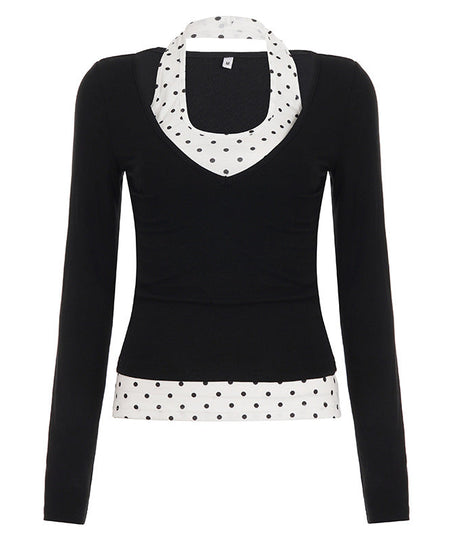 Chic Fall Layered Polka Dot Halter & V-Neck Long Sleeve Top Set - Versatile Autumn Style for Her