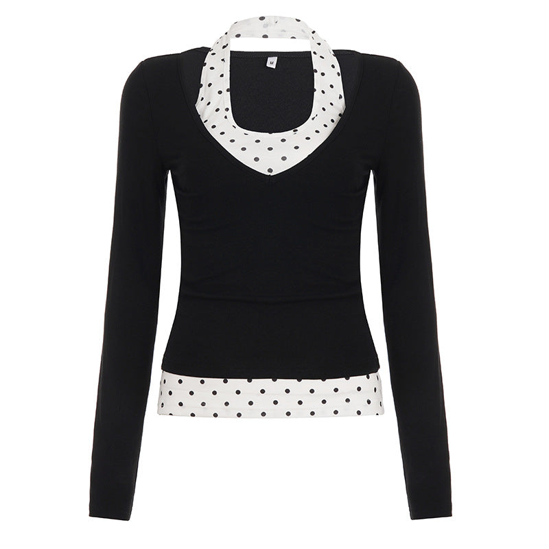 Chic Fall Layered Polka Dot Halter & V-Neck Long Sleeve Top Set - Versatile Autumn Style for Her