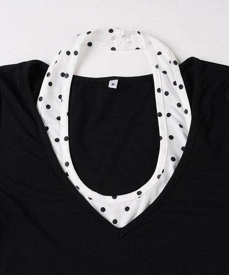 Chic Fall Layered Polka Dot Halter & V-Neck Long Sleeve Top Set - Versatile Autumn Style for Her