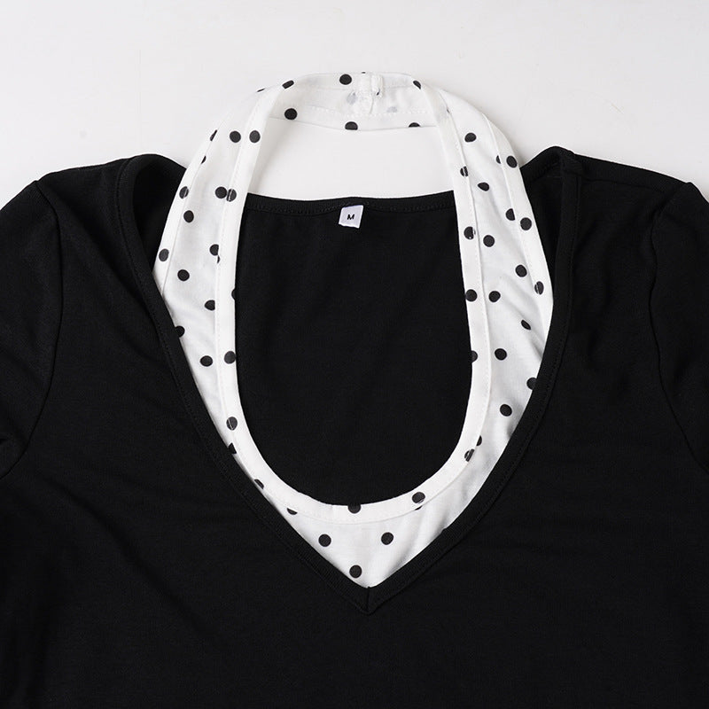 Chic Fall Layered Polka Dot Halter & V-Neck Long Sleeve Top Set - Versatile Autumn Style for Her