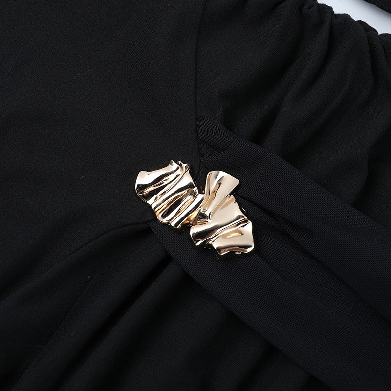 Glamorous Black Off-Shoulder Ruched Mini Dress with Embellished Details & Dramatic Sash — Holiday & NYE Perfect