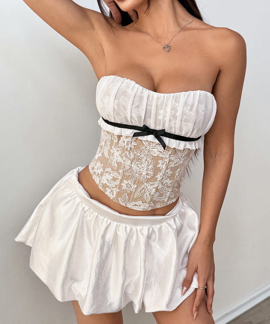 Elegant Floral Lace Corset Bustier Top with Bowknot - Chic Fall & Holiday Style