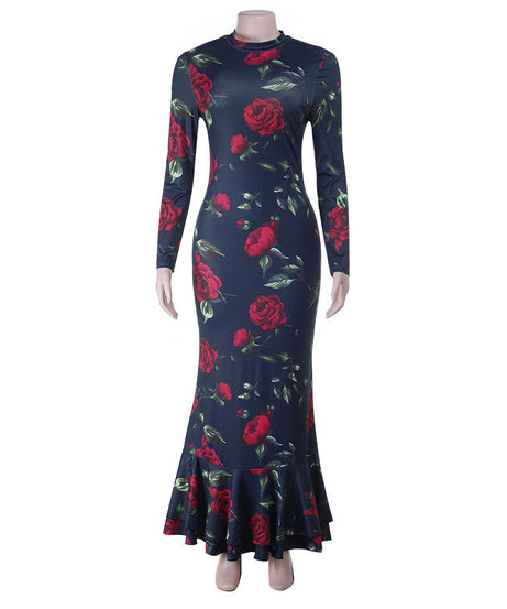 Elegant Fall Floral Maxi Dress for Women - Long Sleeve Navy Rose Print Mermaid Gown | Holiday Party & Thanksgiving Ready