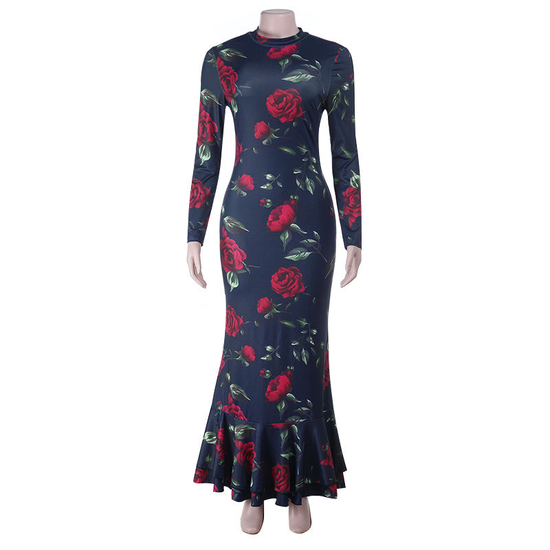 Elegant Fall Floral Maxi Dress for Women - Long Sleeve Navy Rose Print Mermaid Gown | Holiday Party & Thanksgiving Ready