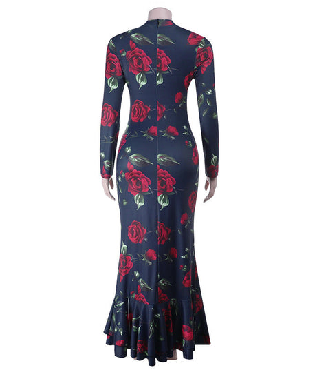 Elegant Fall Floral Maxi Dress for Women - Long Sleeve Navy Rose Print Mermaid Gown | Holiday Party & Thanksgiving Ready