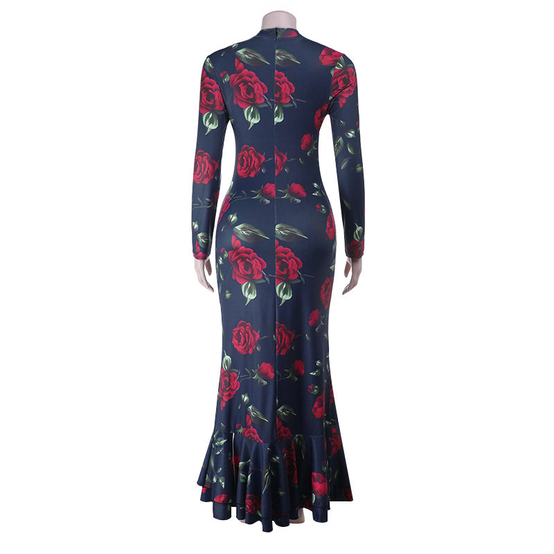 Elegant Fall Floral Maxi Dress for Women - Long Sleeve Navy Rose Print Mermaid Gown | Holiday Party & Thanksgiving Ready