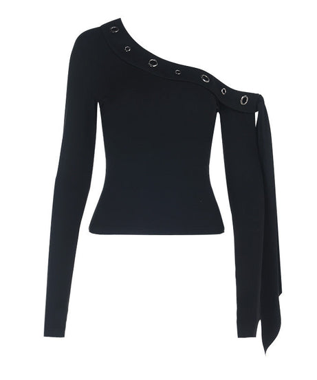 Edgy Elegance: Black One-Shoulder Grommet Top with Statement Drape - Fall & Holiday Party Essential