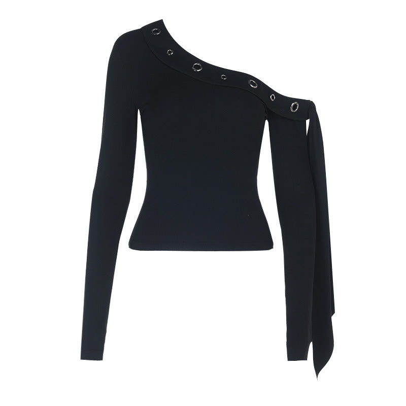 Edgy Elegance: Black One-Shoulder Grommet Top with Statement Drape - Fall & Holiday Party Essential