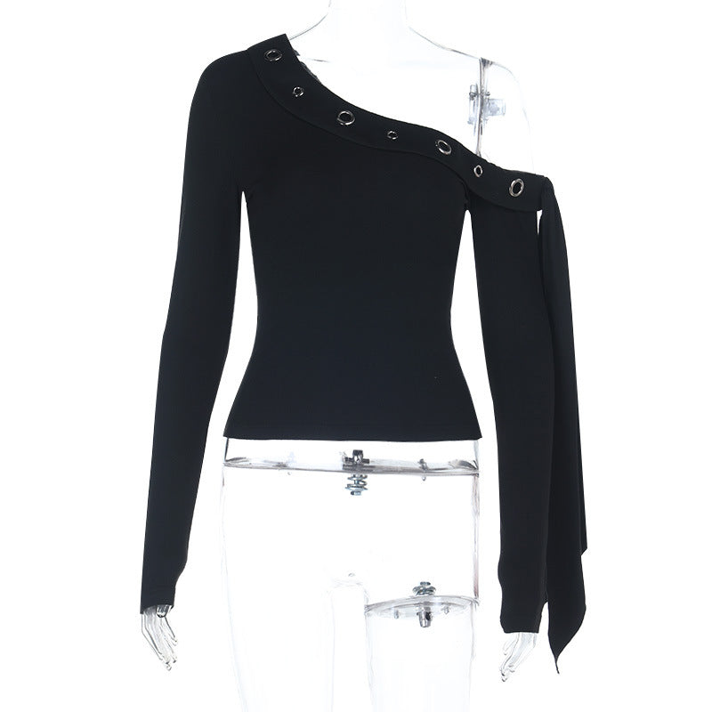 Edgy Elegance: Black One-Shoulder Grommet Top with Statement Drape - Fall & Holiday Party Essential