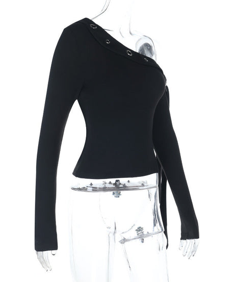 Edgy Elegance: Black One-Shoulder Grommet Top with Statement Drape - Fall & Holiday Party Essential