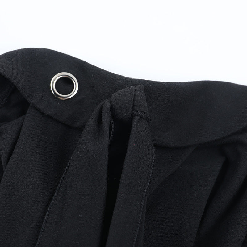 Edgy Elegance: Black One-Shoulder Grommet Top with Statement Drape - Fall & Holiday Party Essential