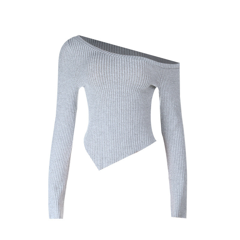 Chic One-Shoulder Ribbed Long Sleeve Top for Fall | Cozy Grey Asymmetrical Sweater