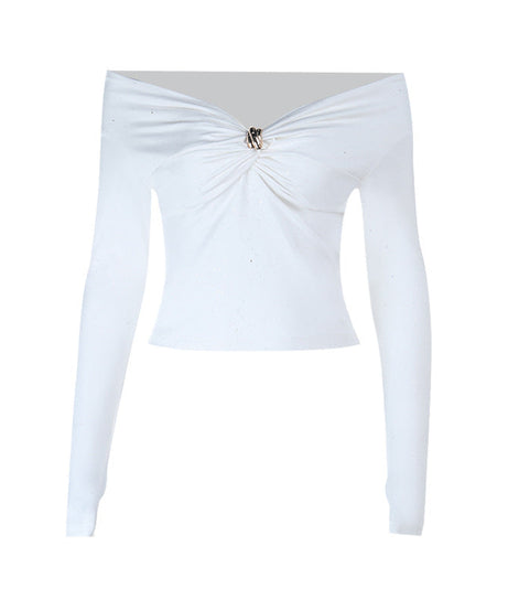 Sparkle & Charm: Women's Glitter Off-Shoulder Ruched Long Sleeve Top – Holiday Ready & Date Night Chic