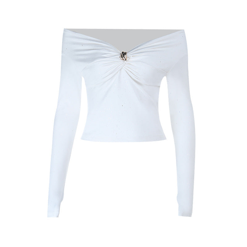 Sparkle & Charm: Women's Glitter Off-Shoulder Ruched Long Sleeve Top – Holiday Ready & Date Night Chic