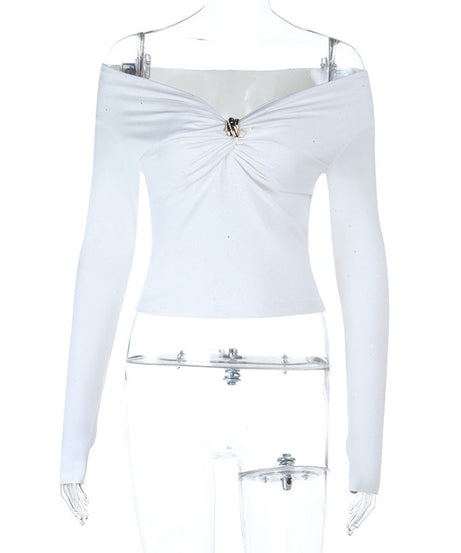 Sparkle & Charm: Women's Glitter Off-Shoulder Ruched Long Sleeve Top – Holiday Ready & Date Night Chic