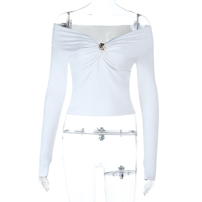 Sparkle & Charm: Women's Glitter Off-Shoulder Ruched Long Sleeve Top – Holiday Ready & Date Night Chic