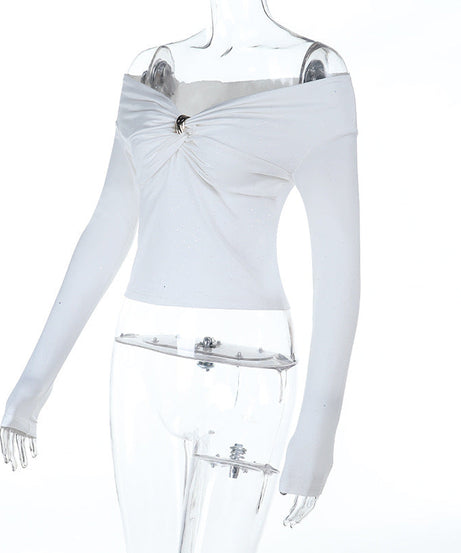 Sparkle & Charm: Women's Glitter Off-Shoulder Ruched Long Sleeve Top – Holiday Ready & Date Night Chic