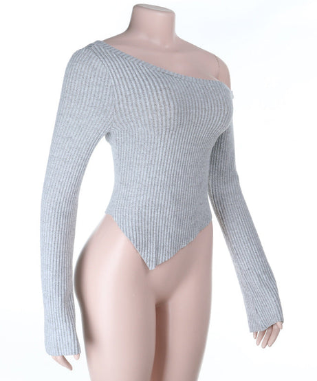 Chic One-Shoulder Ribbed Long Sleeve Top for Fall | Cozy Grey Asymmetrical Sweater