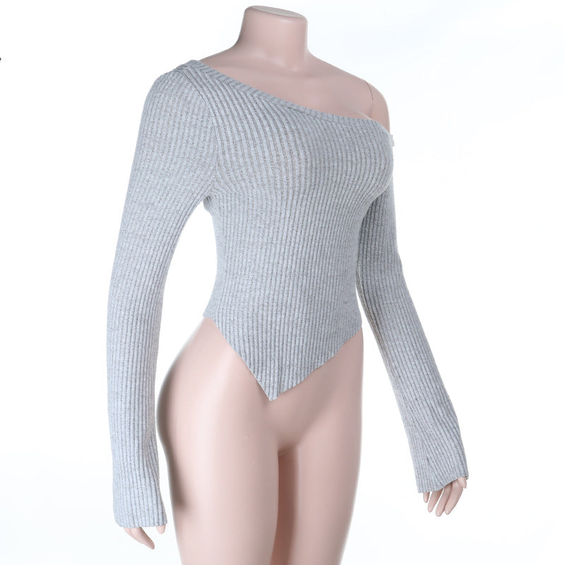 Chic One-Shoulder Ribbed Long Sleeve Top for Fall | Cozy Grey Asymmetrical Sweater