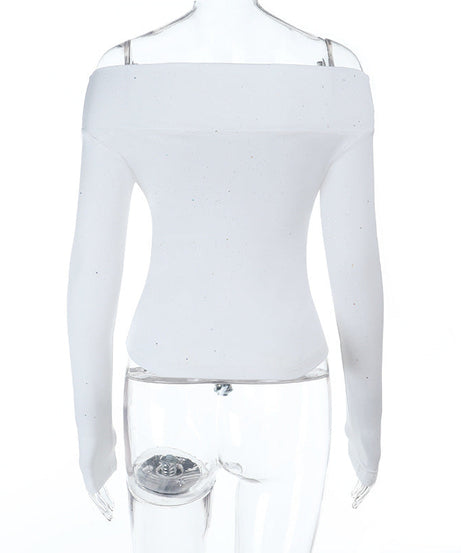 Sparkle & Charm: Women's Glitter Off-Shoulder Ruched Long Sleeve Top – Holiday Ready & Date Night Chic