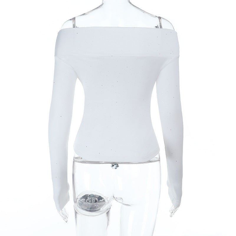 Sparkle & Charm: Women's Glitter Off-Shoulder Ruched Long Sleeve Top – Holiday Ready & Date Night Chic