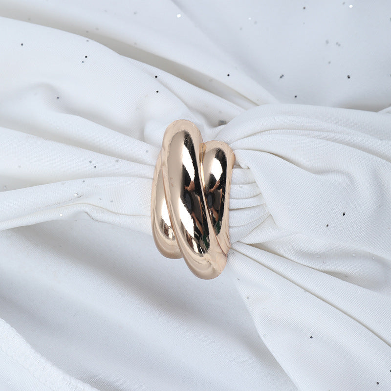 Sparkle & Charm: Women's Glitter Off-Shoulder Ruched Long Sleeve Top – Holiday Ready & Date Night Chic