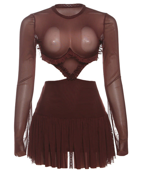 Sultry Espresso Sheer Mesh Mini Dress | Long Sleeve Cut-Out Bodycon for Fall Nights Out