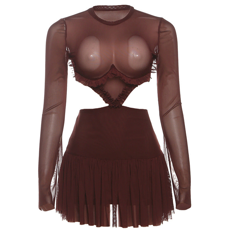 Sultry Espresso Sheer Mesh Mini Dress | Long Sleeve Cut-Out Bodycon for Fall Nights Out