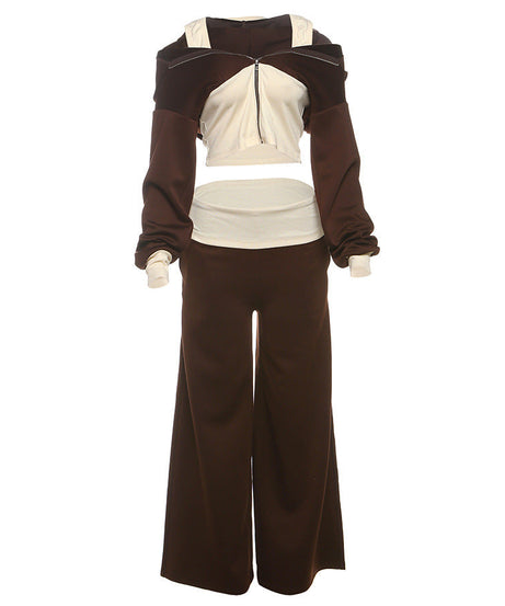 Autumn Luxe: Cropped Off-Shoulder Zip Hoodie & Wide-Leg Lounge Set for Women